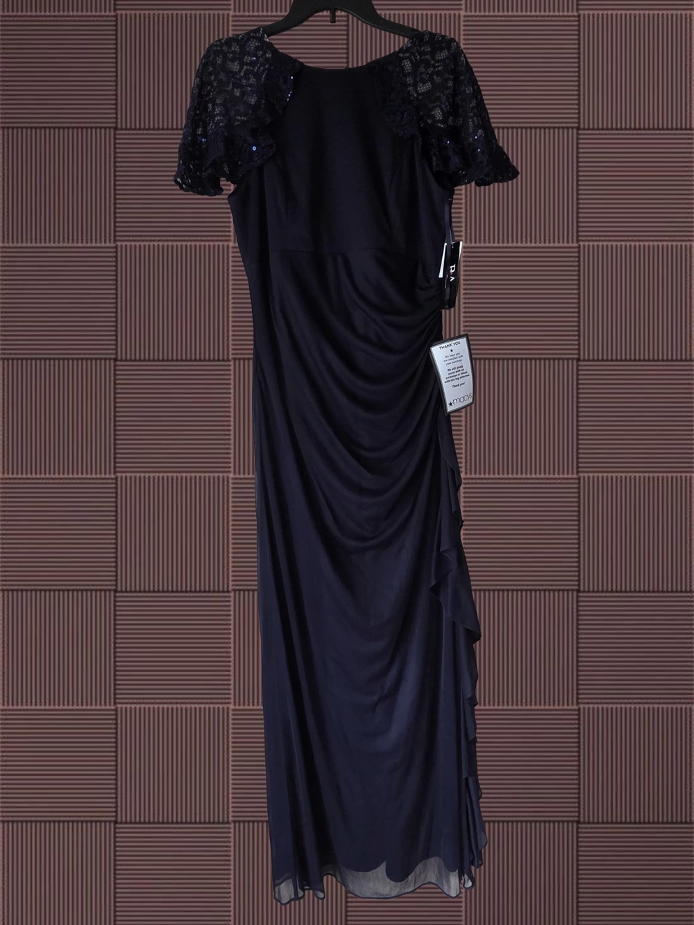 Navy blue formal dress with sequined lace flutter sleeves and side-ruched drapin